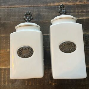 American Atelier White Earthenware Canister Set with Decorative Metal Handles